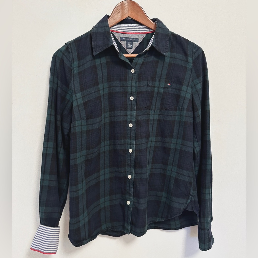 Tommy Hilfiger Blue and Green Plaid Shirt SIZE S